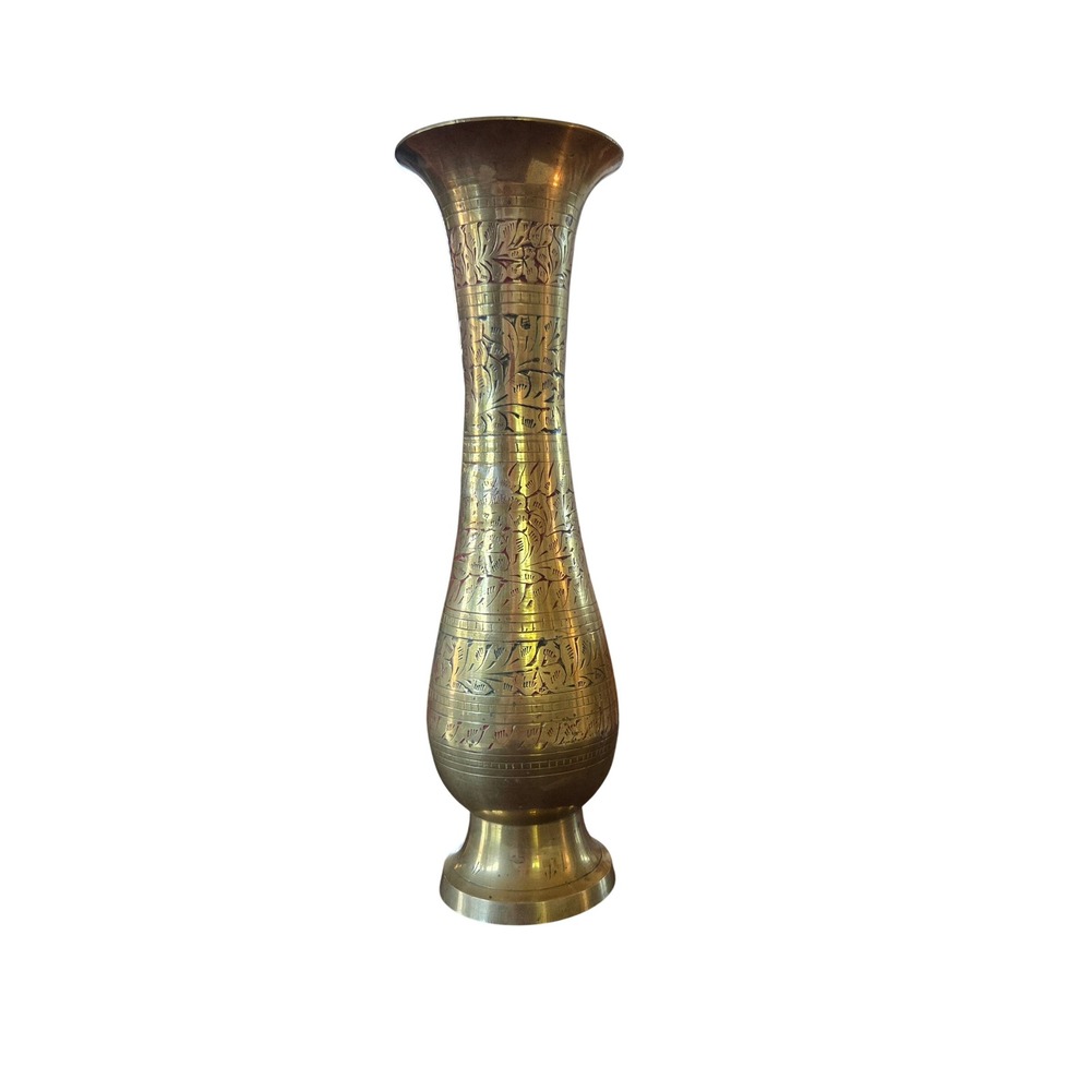 Vintage Hand Etched Brass Bud Vase Floral Engraved Flared Rim Enamel Inlay India